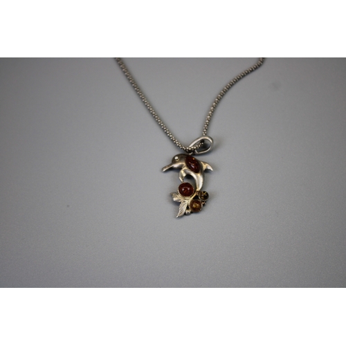 38 - Silver Dolphin Amber Set Pendant on Silver Chain