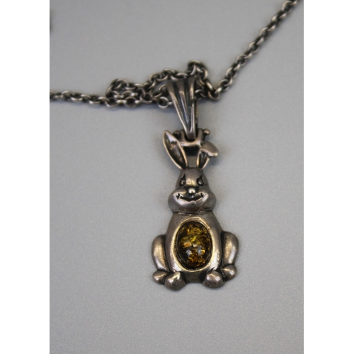 41 - Silver Bunny Amber Set Pendant on Silver Chain