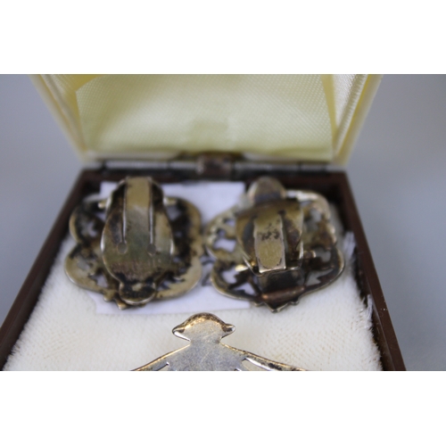 60 - Siam Silver Fan Brooch & Earring Set Approx. Weight 15.3g