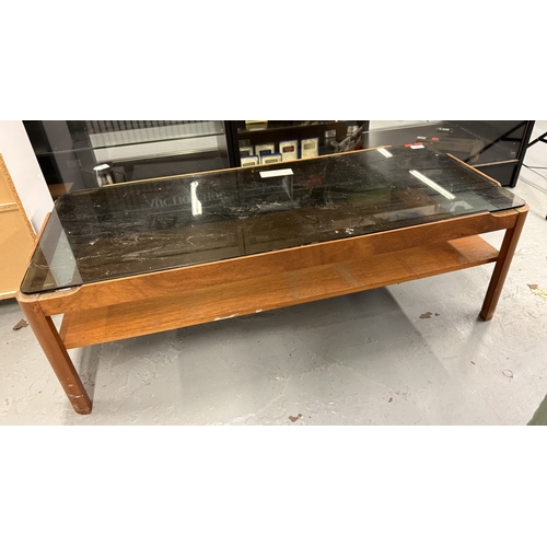 573 - Mid Century Myer Teak Coffee Table with Smoked Glass Top&nbsp;Approx. L 112 cm W 48cm H 36cm