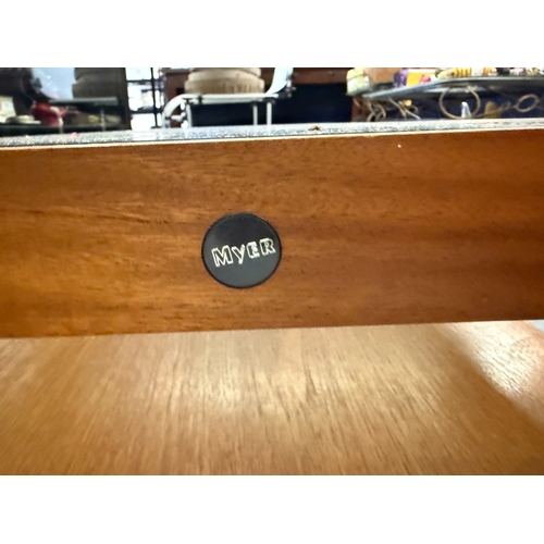 573 - Mid Century Myer Teak Coffee Table with Smoked Glass Top&nbsp;Approx. L 112 cm W 48cm H 36cm