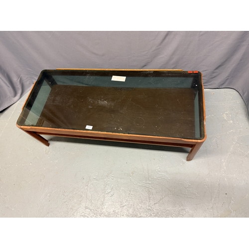 573 - Mid Century Myer Teak Coffee Table with Smoked Glass Top&nbsp;Approx. L 112 cm W 48cm H 36cm