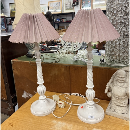 407 - Pair of White Column Table Lamps Approx. H 70cm