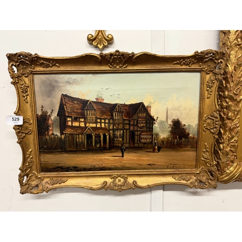 529 - Oil on Canvas Signed H J Herbert depicting a Tudor Building in a Landscape Setting Approx. IS 25cm x... 