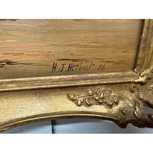 529 - Oil on Canvas Signed H J Herbert depicting a Tudor Building in a Landscape Setting Approx. IS 25cm x... 