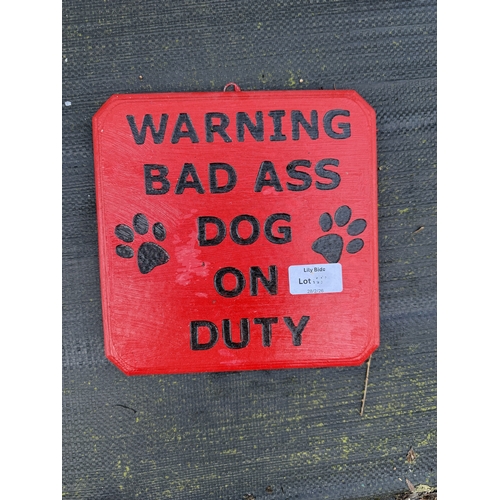 Painted Stone Wall Hanging Plaque, Warning Bad Ass Dog On Duty