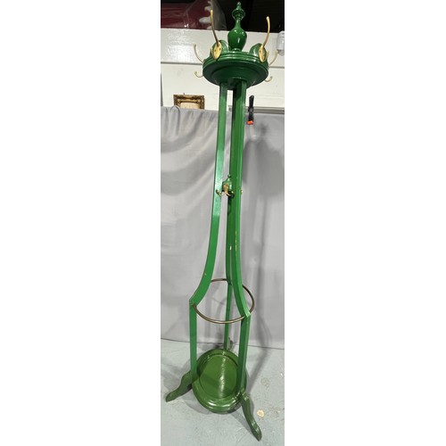 Antique Painted Wooden Coat Rack with Integrated Stick Stand