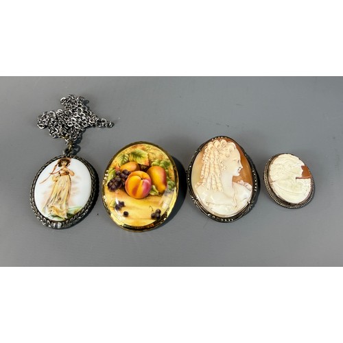 28 - Two Silver Cameo Pendant Brooches together with a Pewter Pendant Necklace on Chain and an Aynsley Br... 