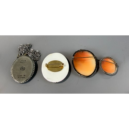 28 - Two Silver Cameo Pendant Brooches together with a Pewter Pendant Necklace on Chain and an Aynsley Br... 