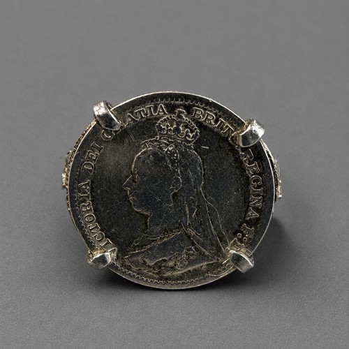 32 - Silver 3 Pence Coin Ring 1891 Size Q