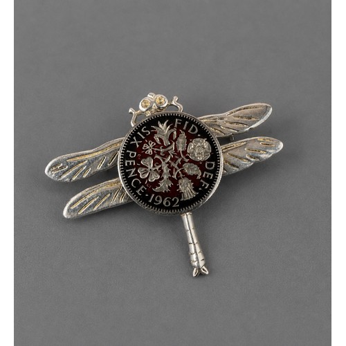 40 - Silver Dragonfly Brooch Mounted with An Enameled Six Pence