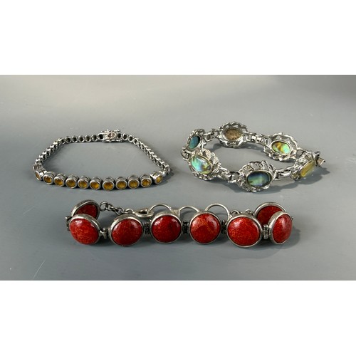 44 - 3 Bracelets - Silver Set with Citrines, Silver & Red Coral & Abalone set