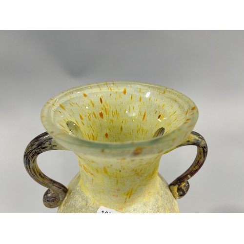164 - Vintage Murano Scavo Glass Vase With Two Handles In A Yellow Frosted Finish