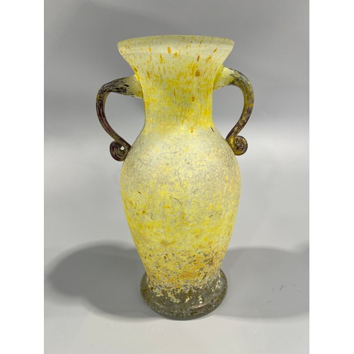 164 - Vintage Murano Scavo Glass Vase With Two Handles In A Yellow Frosted Finish