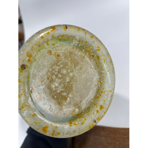 164 - Vintage Murano Scavo Glass Vase With Two Handles In A Yellow Frosted Finish