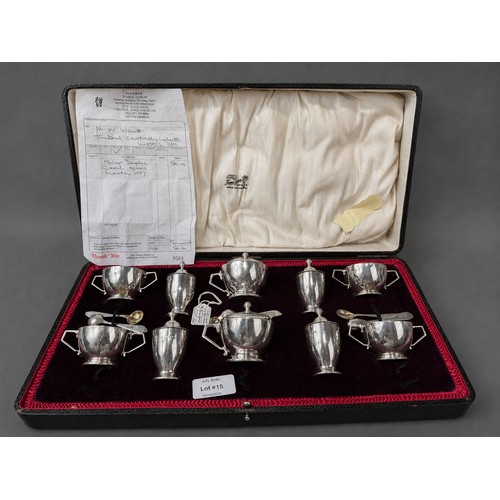 Antique Finnegans of Bond Street, London Assay Stamped, 1917 Silver Condiment 10 Piece Master Cruet Set With Original Case & Receipt - 481g