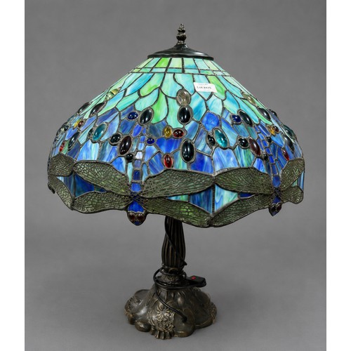 Large & Impressive Tiffany Style Table Lamp Which Features A Vibrant Blue Stained Glass Shade Adorned with Dragonfly's Approx H 62cm