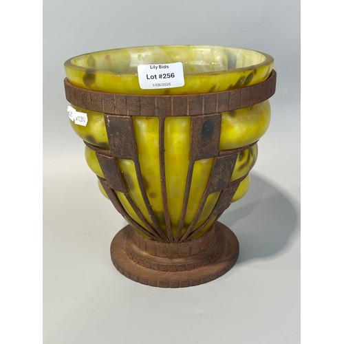 Art Deco Mottled Yellow Glass And Forged Iron Vase Designed As A Collaboration Between Daum Nancy And Louis Majorelle, Featuring A Distinctive Geometric Wrought-Iron Armature Enclosed In A Glassed Body.