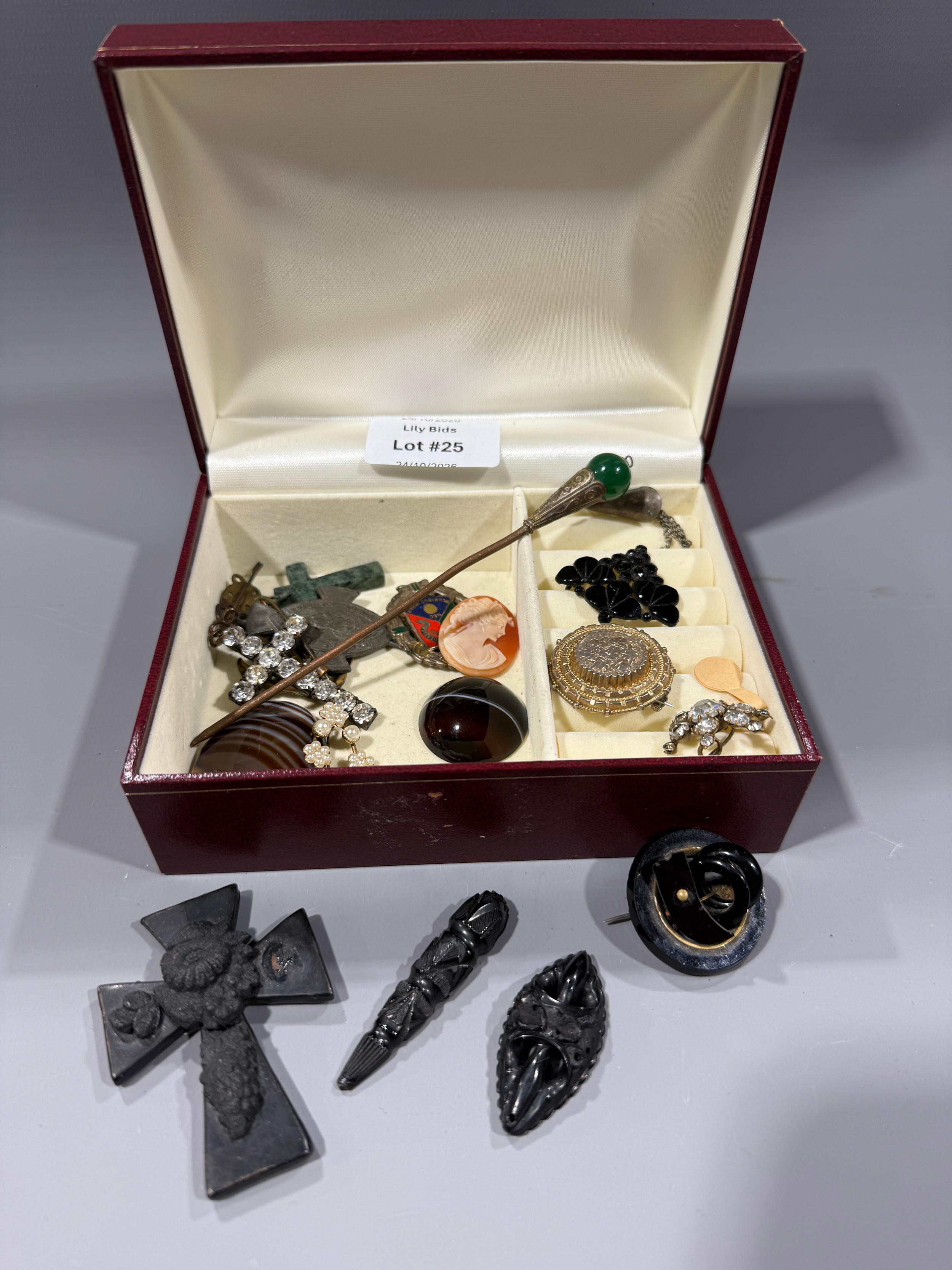 Jewellery box & Contents Including Victorian Bog Oak, Whitby Jet, Cameo ...