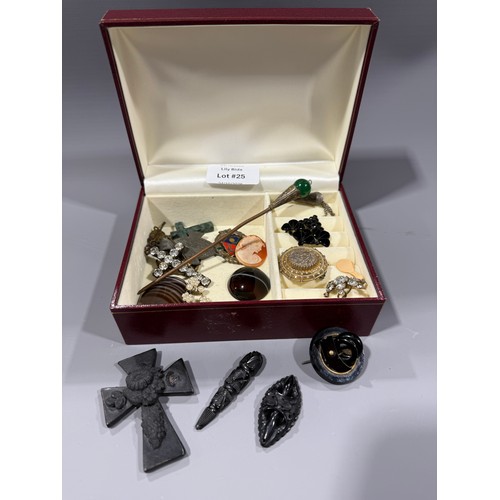 Jewellery box & Contents Including Victorian Bog Oak, Whitby Jet, Cameo ...