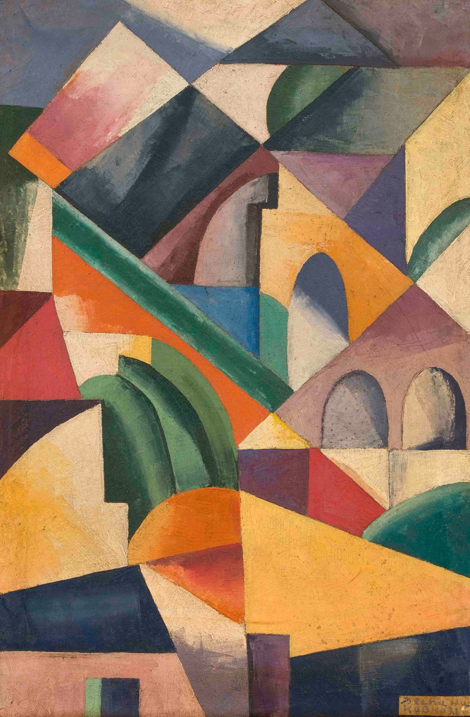 20th-century Russian artist, Cubist landscape with architectural ...
