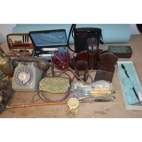 1 - A box of mixed vintage items to include a 1970's GPO telephone, cased Boots 'Admiral' binoculars, wo... 