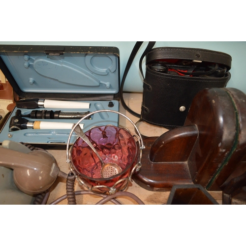 1 - A box of mixed vintage items to include a 1970's GPO telephone, cased Boots 'Admiral' binoculars, wo... 