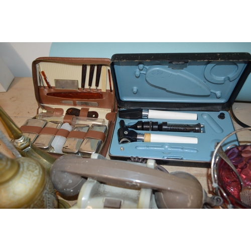 1 - A box of mixed vintage items to include a 1970's GPO telephone, cased Boots 'Admiral' binoculars, wo... 