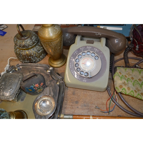 1 - A box of mixed vintage items to include a 1970's GPO telephone, cased Boots 'Admiral' binoculars, wo... 