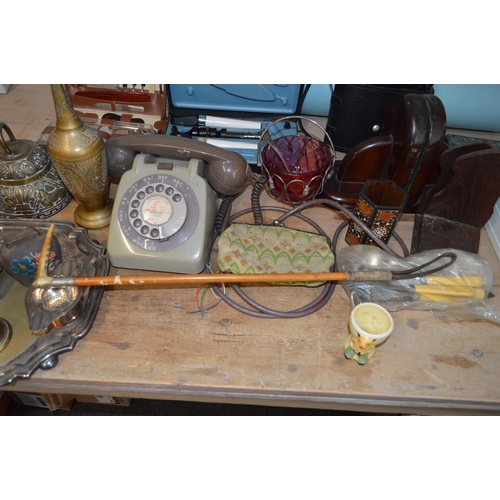 1 - A box of mixed vintage items to include a 1970's GPO telephone, cased Boots 'Admiral' binoculars, wo... 