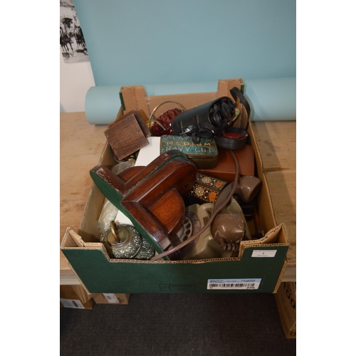 1 - A box of mixed vintage items to include a 1970's GPO telephone, cased Boots 'Admiral' binoculars, wo... 