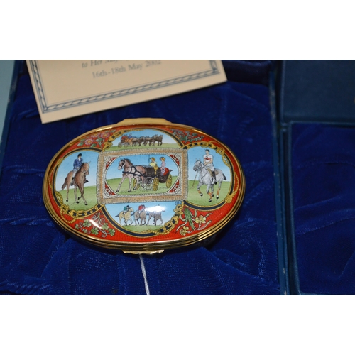 100 - A boxed limited edition Halcyon Days enamel 'All the Queens Horses' 331 of 500, a small pot with ted... 