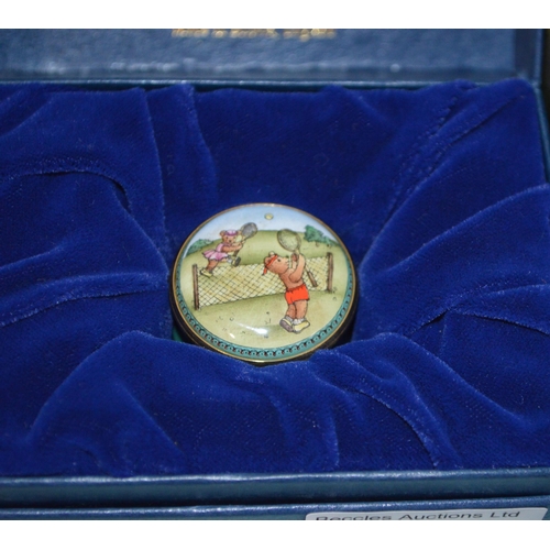 100 - A boxed limited edition Halcyon Days enamel 'All the Queens Horses' 331 of 500, a small pot with ted... 