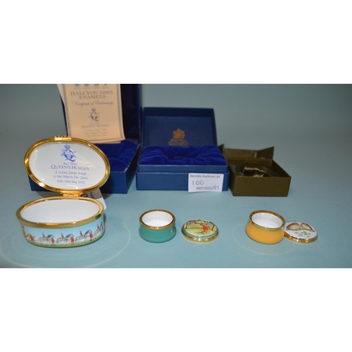 100 - A boxed limited edition Halcyon Days enamel 'All the Queens Horses' 331 of 500, a small pot with ted... 