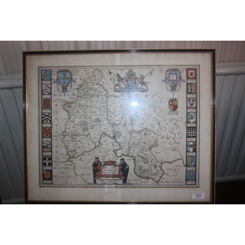 1003 - A framed and glazed antique printed 17th Century map of the County of Oxfordshire by Blaeu with sale... 