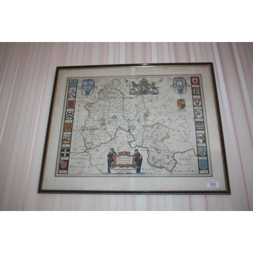 1003 - A framed and glazed antique printed 17th Century map of the County of Oxfordshire by Blaeu with sale... 