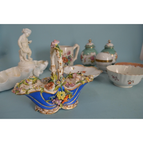 101 - A small box of mixed vintage ceramics including a frog mug, flower encrusted basket - in the white f... 