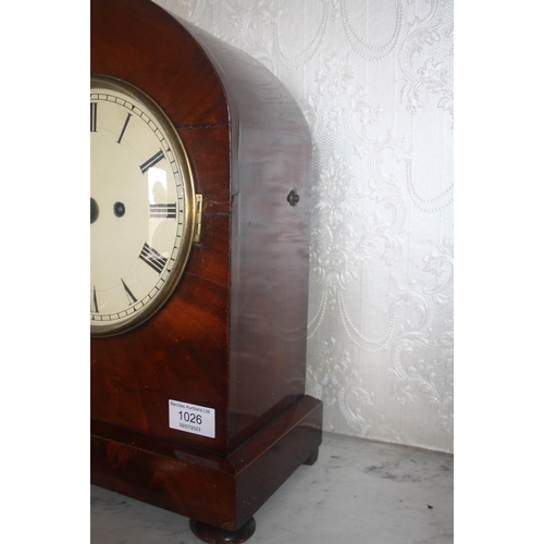 1026 - A mid 19th Century lancet top mahogany bracket clock with painted face, 15