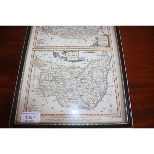 1032 - A framed and glazed double printed 18th Century antique map of Norfolk and Suffolk, published by Ale... 