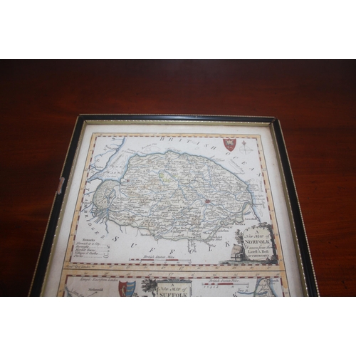 1032 - A framed and glazed double printed 18th Century antique map of Norfolk and Suffolk, published by Ale... 