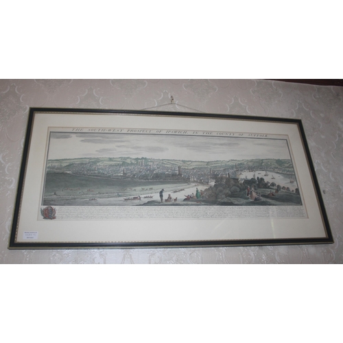 1034 - A pair of antique framed printed prospects, The South West Prospect of Ipswich in the County of Suff... 