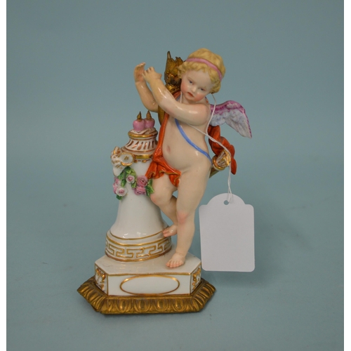 108 - A 19th Century crossed swords mark Meissen style putti figure, unusually mounted on a three part gil... 