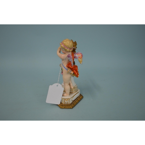 108 - A 19th Century crossed swords mark Meissen style putti figure, unusually mounted on a three part gil... 