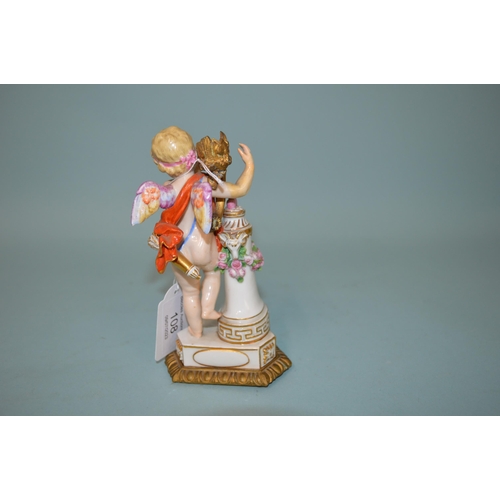 108 - A 19th Century crossed swords mark Meissen style putti figure, unusually mounted on a three part gil... 