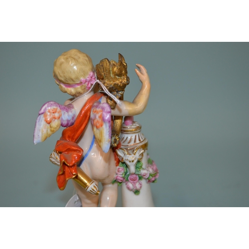 108 - A 19th Century crossed swords mark Meissen style putti figure, unusually mounted on a three part gil... 