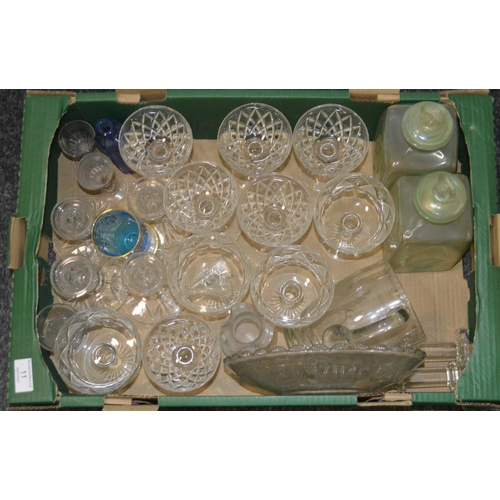 11 - A box of mixed vintage glassware including a set of six champagne saucers, four 'Richardsons' champa... 