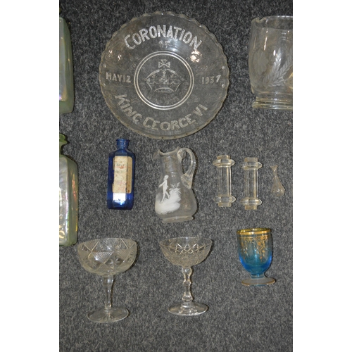 11 - A box of mixed vintage glassware including a set of six champagne saucers, four 'Richardsons' champa... 