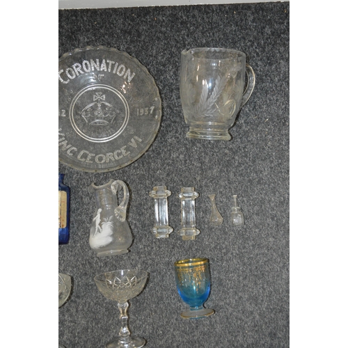 11 - A box of mixed vintage glassware including a set of six champagne saucers, four 'Richardsons' champa... 