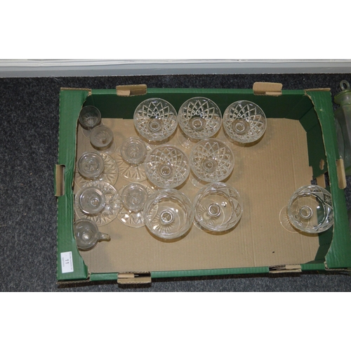 11 - A box of mixed vintage glassware including a set of six champagne saucers, four 'Richardsons' champa... 