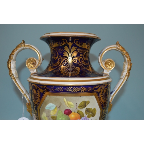 116 - A large late 18th/early 19th Century hand painted Derby two handled vase decorated with a panel of f... 